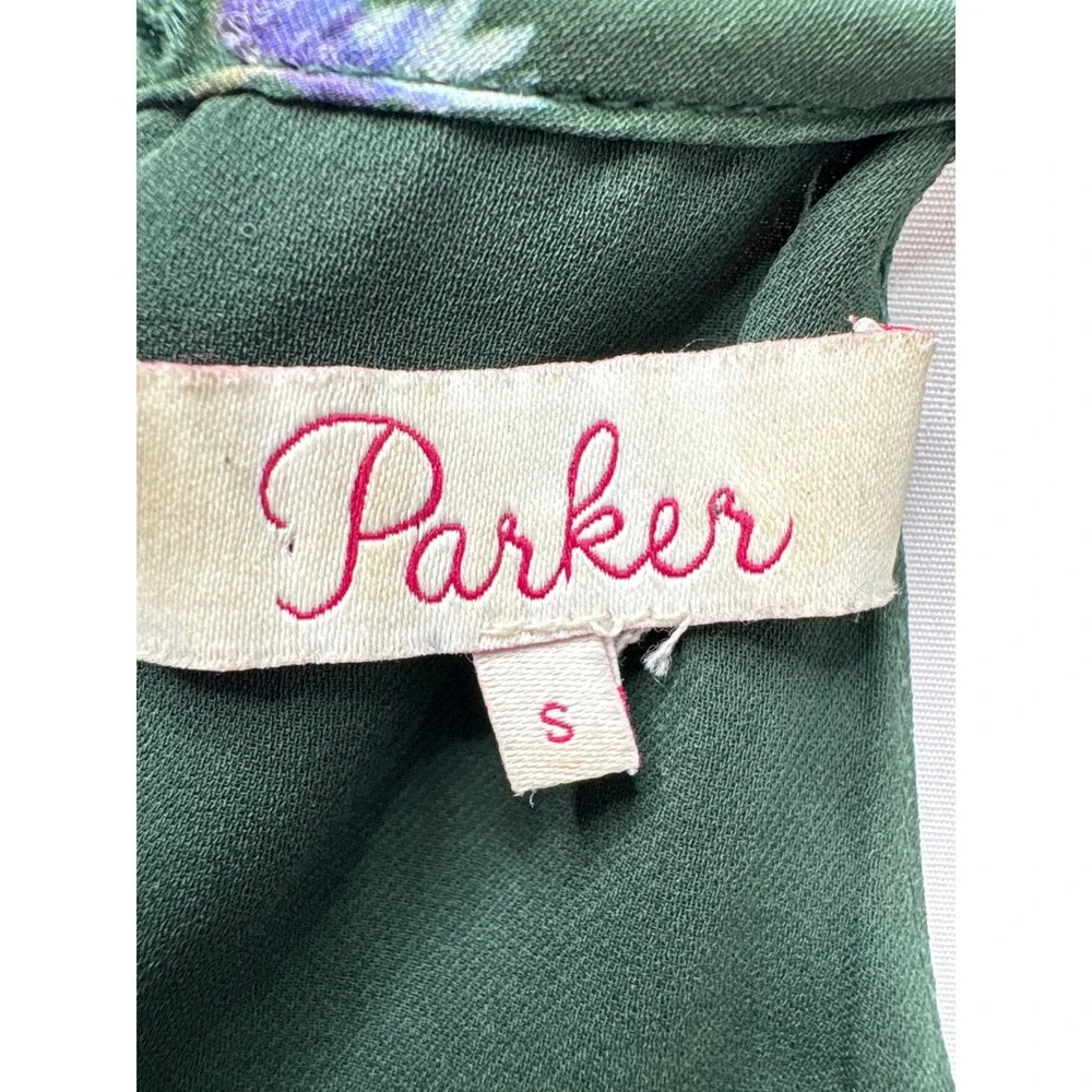 Parker Green Floral Silk Blend Smocked Ruffle Romper Sz S Garden-Party Boho-Chic
